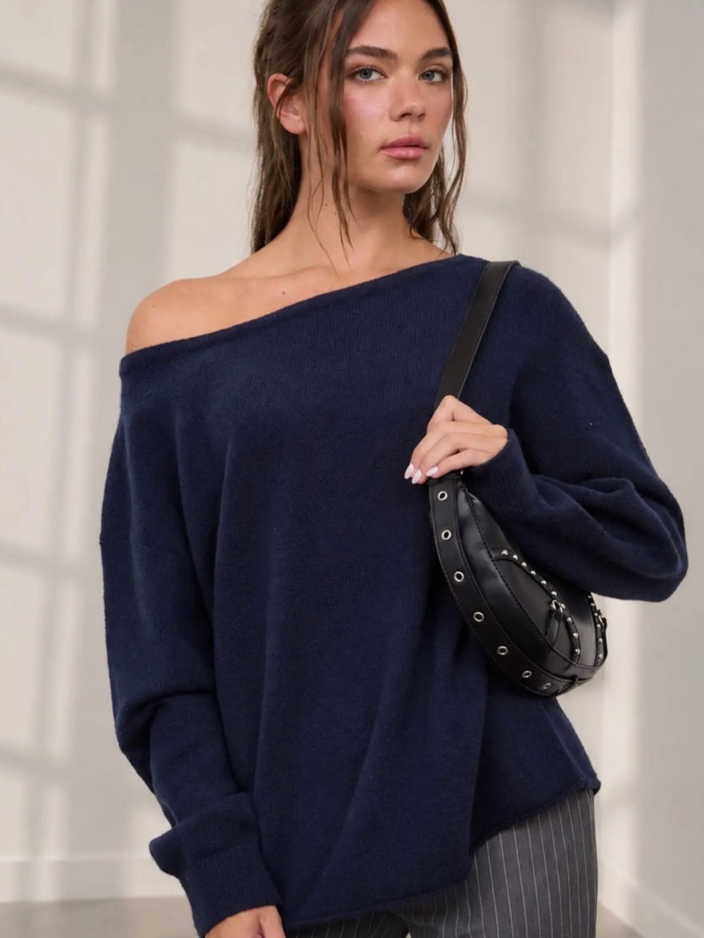 015. Effortless Oversized Boat Neck Sweater, Navy, Various sizes
